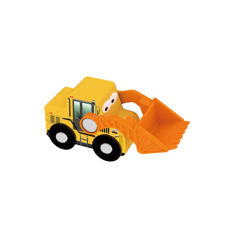 Żółta drewniana koparka zabawka z dużą łyżką do piasku drewniane autka budowlane