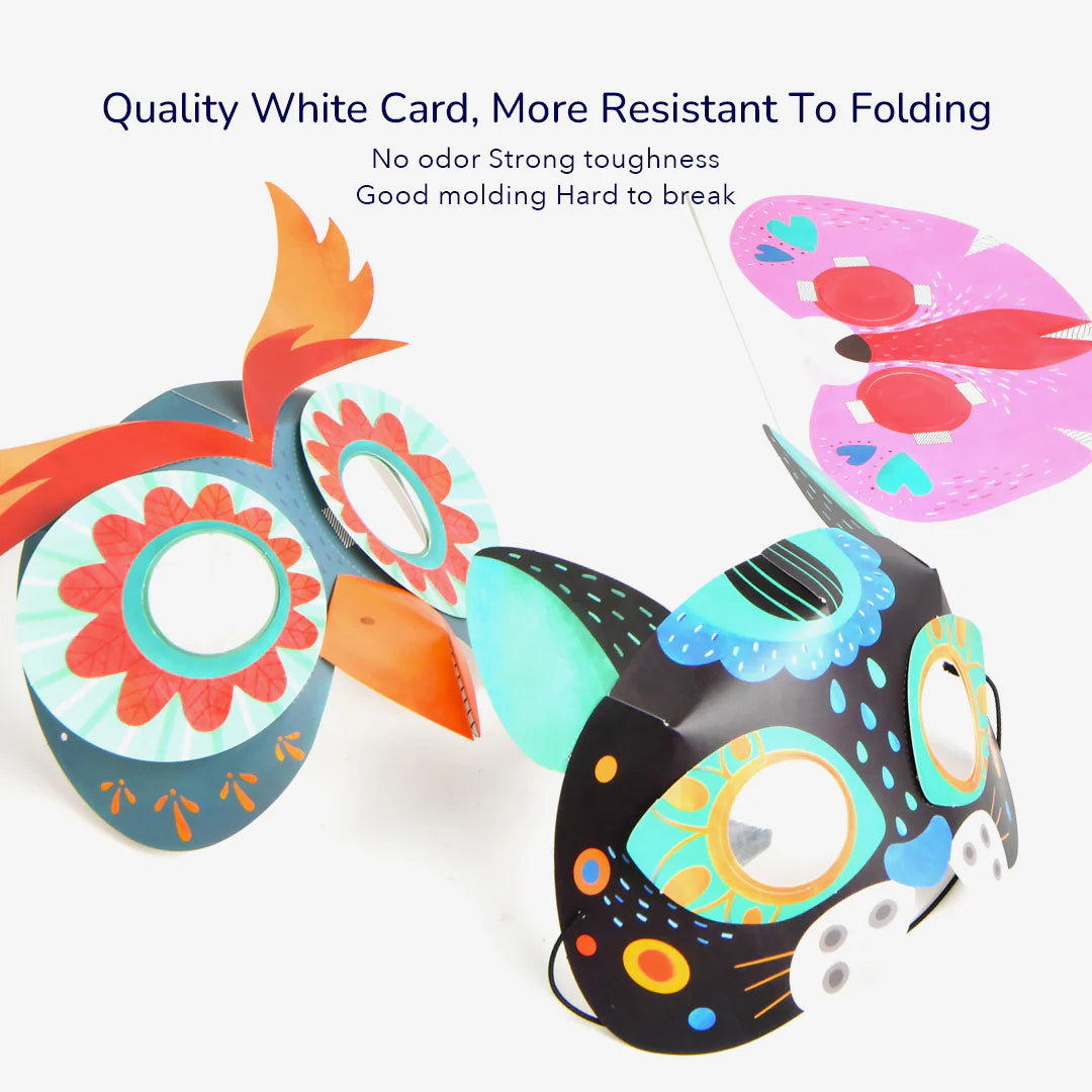 Kolorowe maski papierowe dla dzieci z motywem sowy, motyla i kota od Yamann