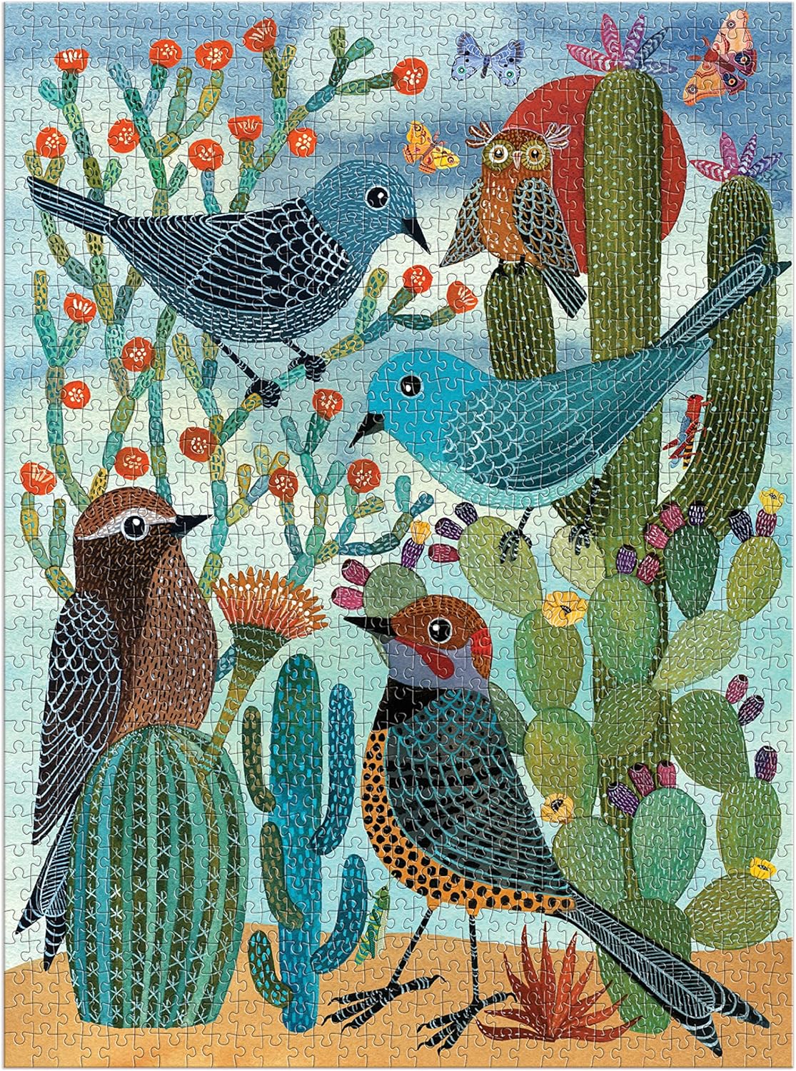 Puzzle Galison 1000 elementów z kolorowymi ptakami i kaktusami na pustynnym tle