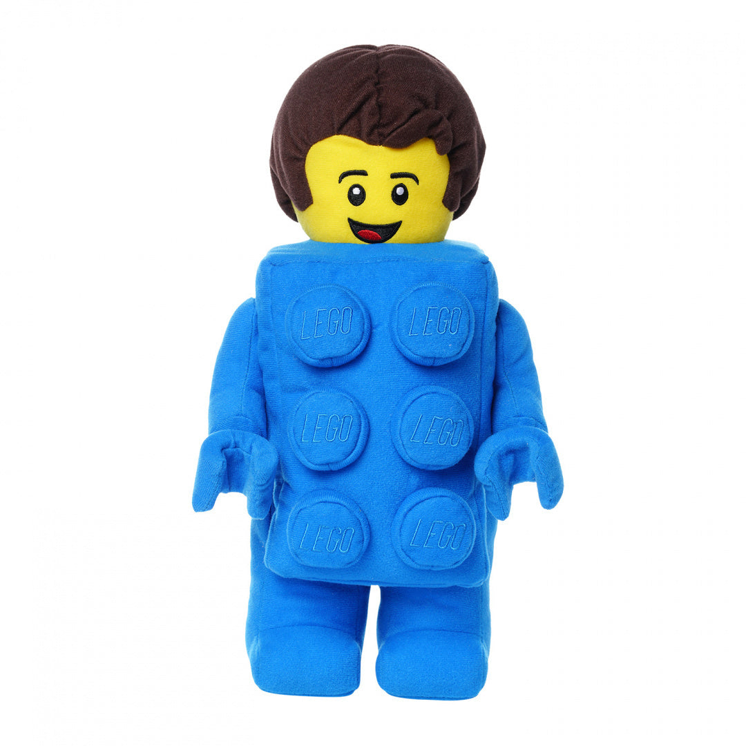 Pluszak LEGO Brick Suit Boy w niebieskim kostiumie z klockami LEGO i uśmiechniętą twarzą