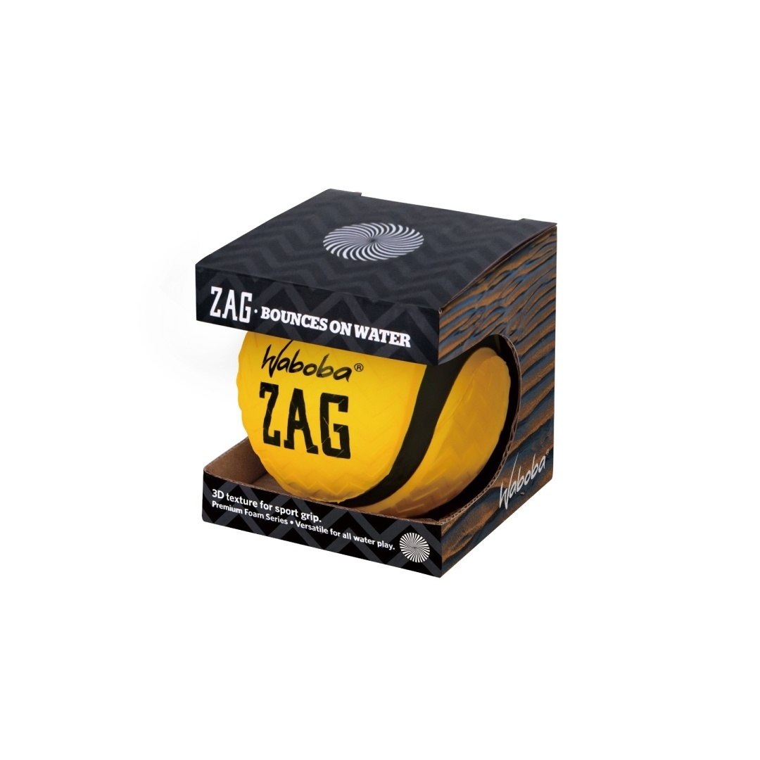 żółta piłeczka Waboba ZAG w czarno-brązowym opakowaniu do zabawy w wodzie