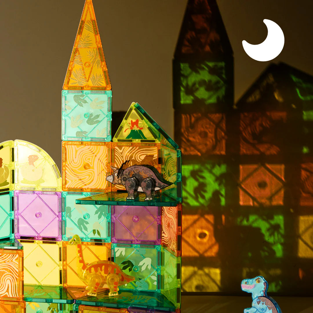 Klocki magnetyczne dinozaury Yamann tworzą kolorową wieżę z dwoma dinozaurami na szczycie