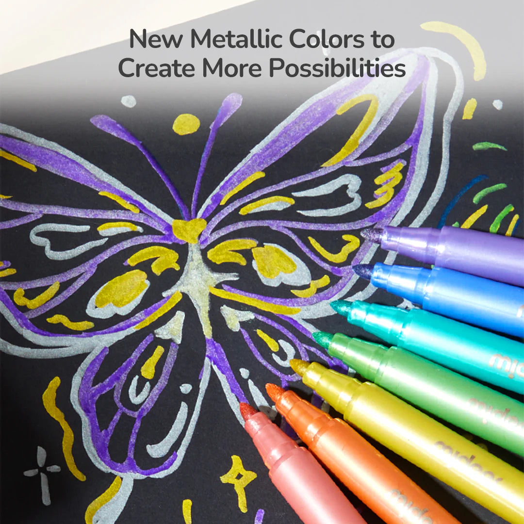 Markery akrylowe dla dzieci Yamann w metalicznych kolorach malujące motyla na czarnym tle