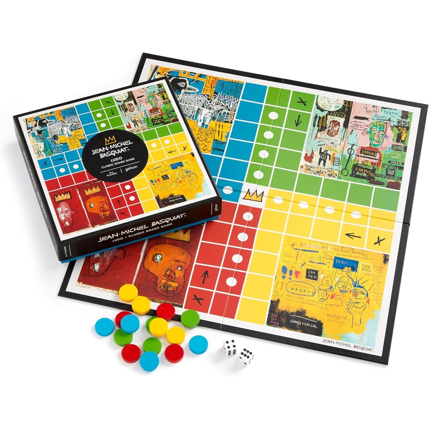 Ludo gra planszowa Basquiat z kolorową planszą, pionkami i kośćmi od BV JACOB COMPANY