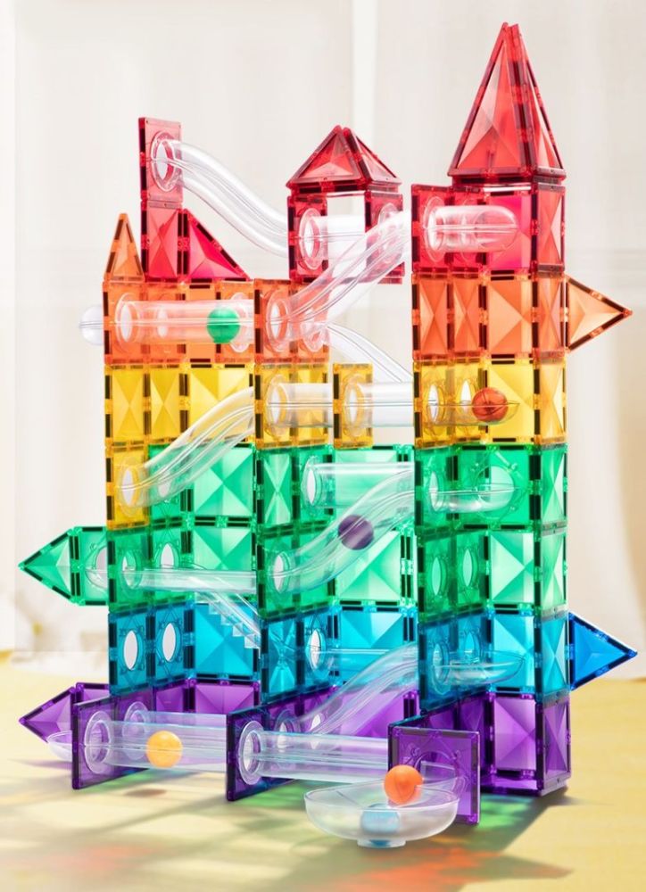 Kolorowe klocki magnetyczne tor kulkowy z przezroczystymi rurkami i kulkami do zabawy i nauki