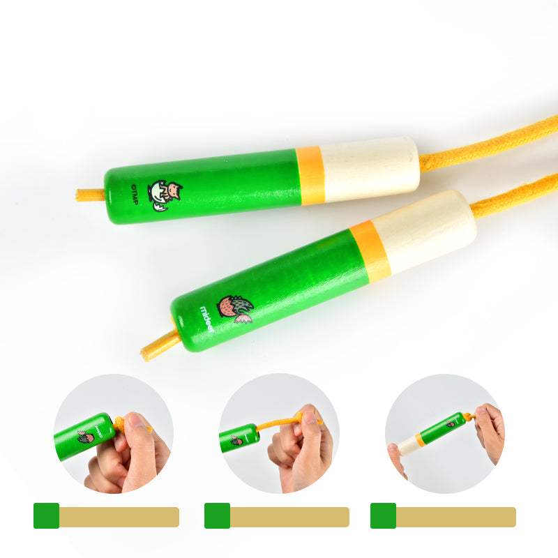 Skakanka dla dzieci mideer z zielonymi drewnianymi rączkami i żółtym sznurkiem