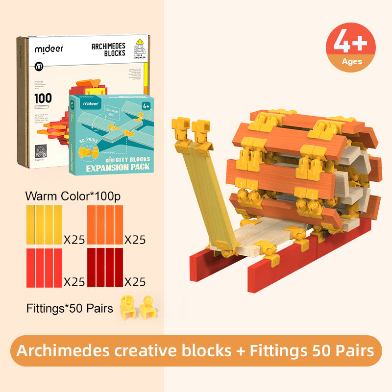 Zestaw drewniane klocki Archimedes MOB w ciepłych kolorach z elementami mocującymi do kreatywnej zabawy