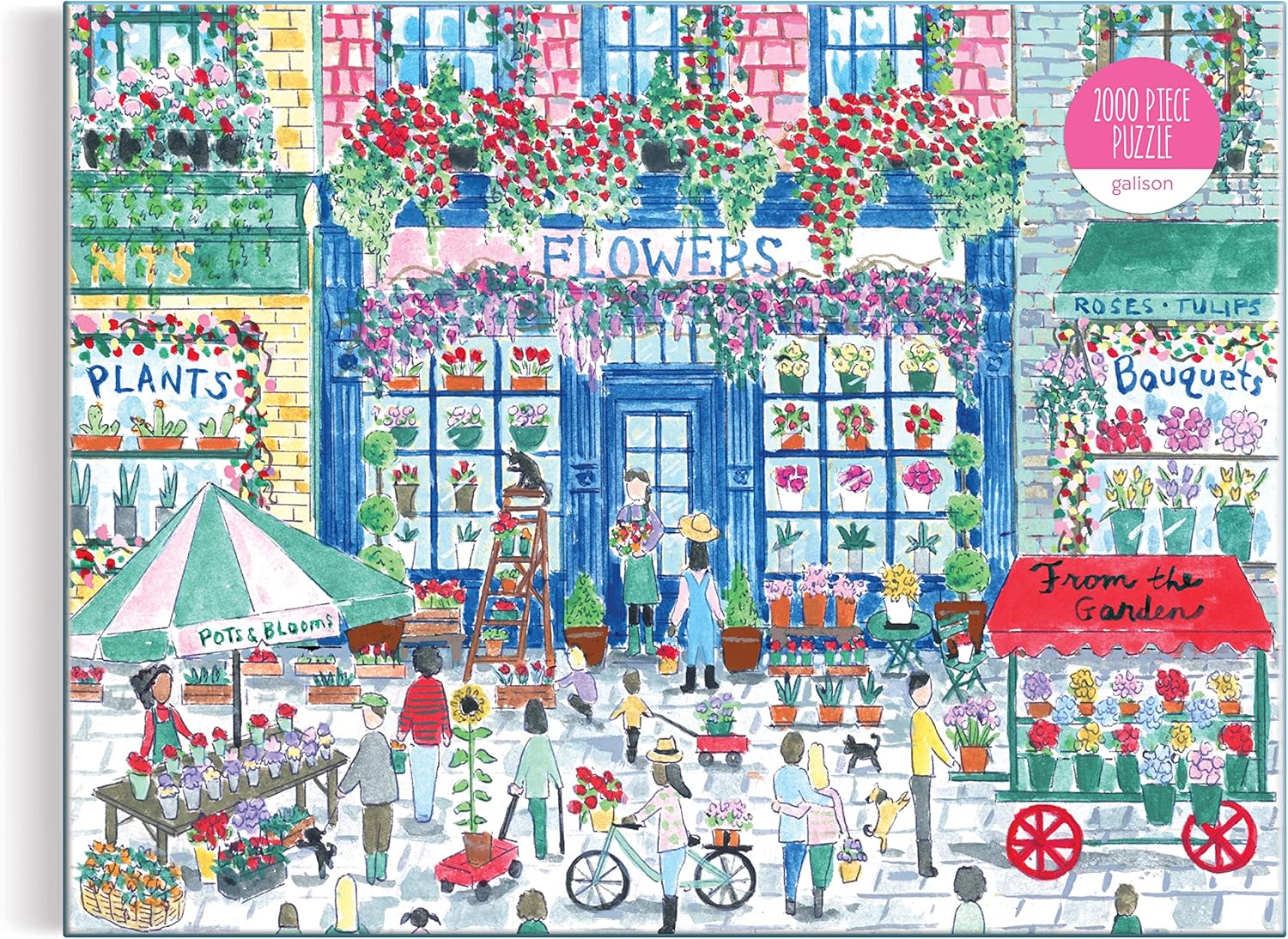 Puzzle 2000 elementów kwiatowy rynek z kolorowymi kwiaciarniami i ludźmi na ulicy