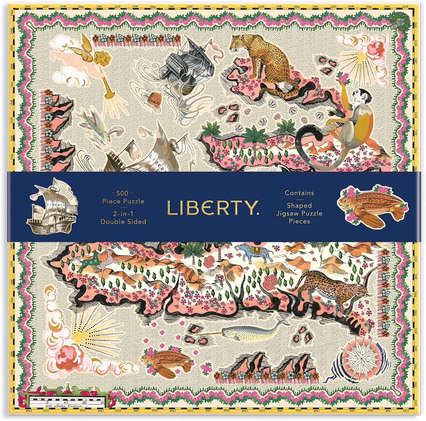 Puzzle Liberty Maxine 500 elementów Galison z kolorową mapą i zwierzętami na planszy