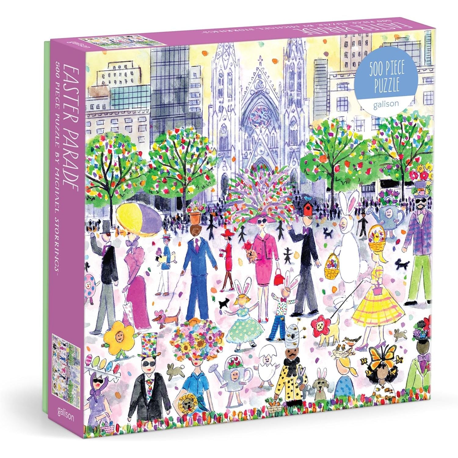 Kolorowe puzzle wielkanocne 500 elementów marki Galison z ilustracją parady wielkanocnej