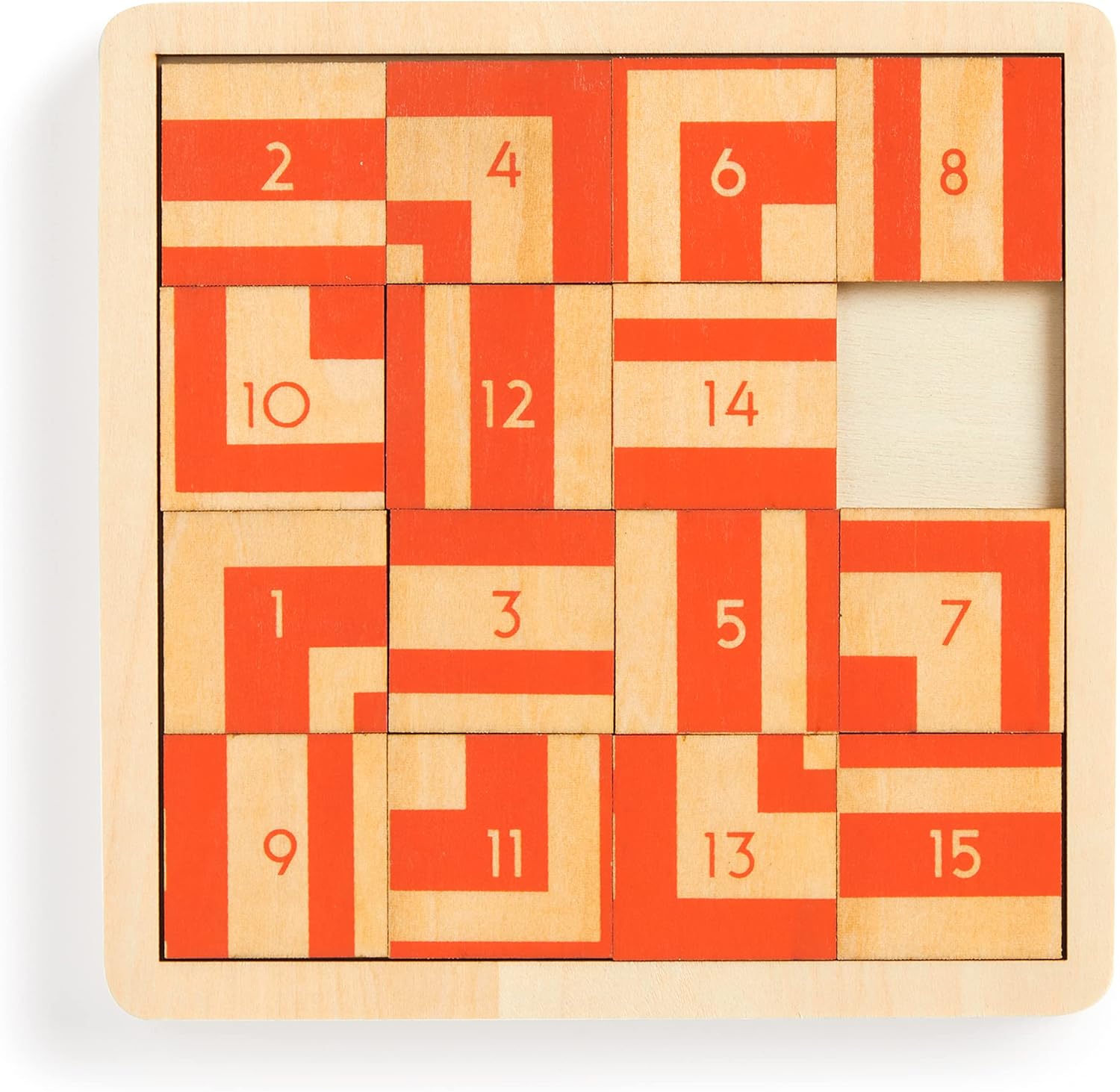 Drewniane puzzle drewniane Frank Lloyd Wright z numerowanymi czerwonymi i naturalnymi elementami w ramce