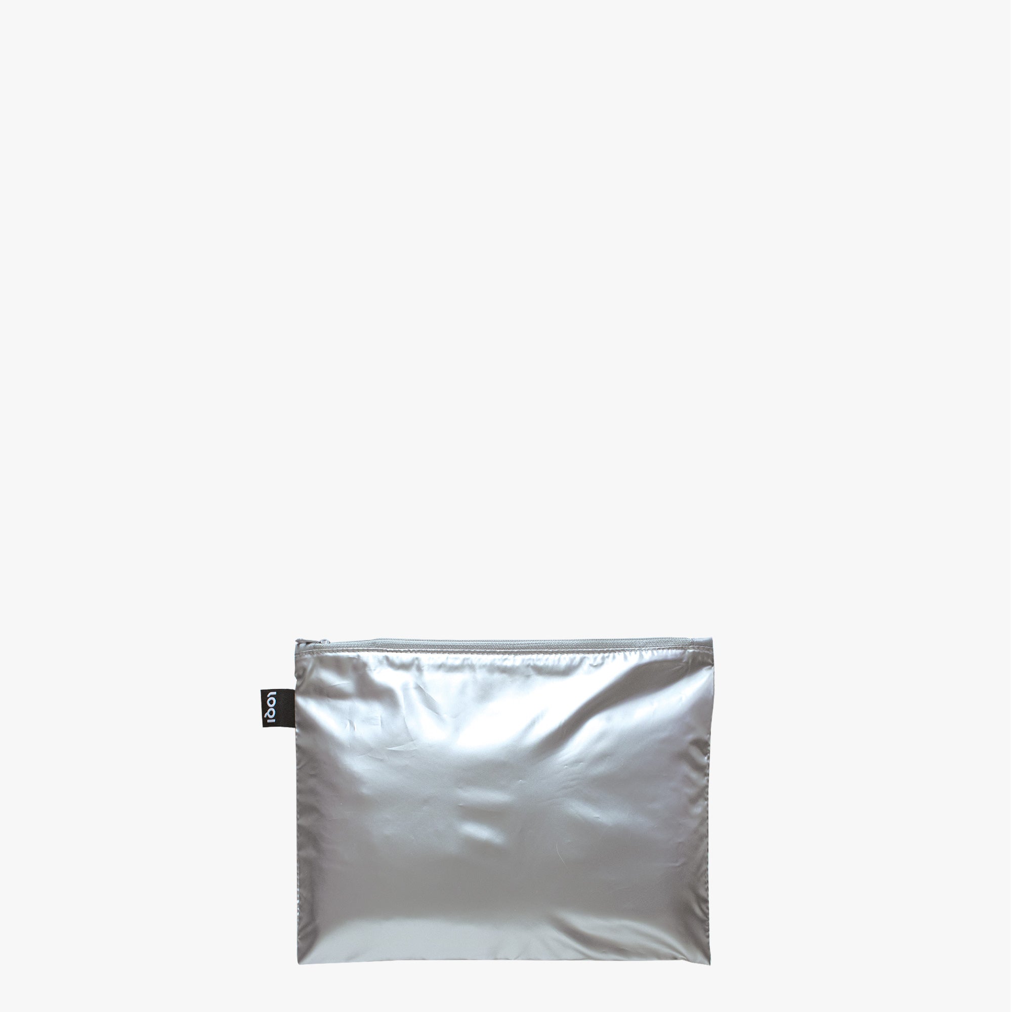 Srebrna saszetka metaliczna LOQI z zamkiem błyskawicznym do przechowywania akcesoriów