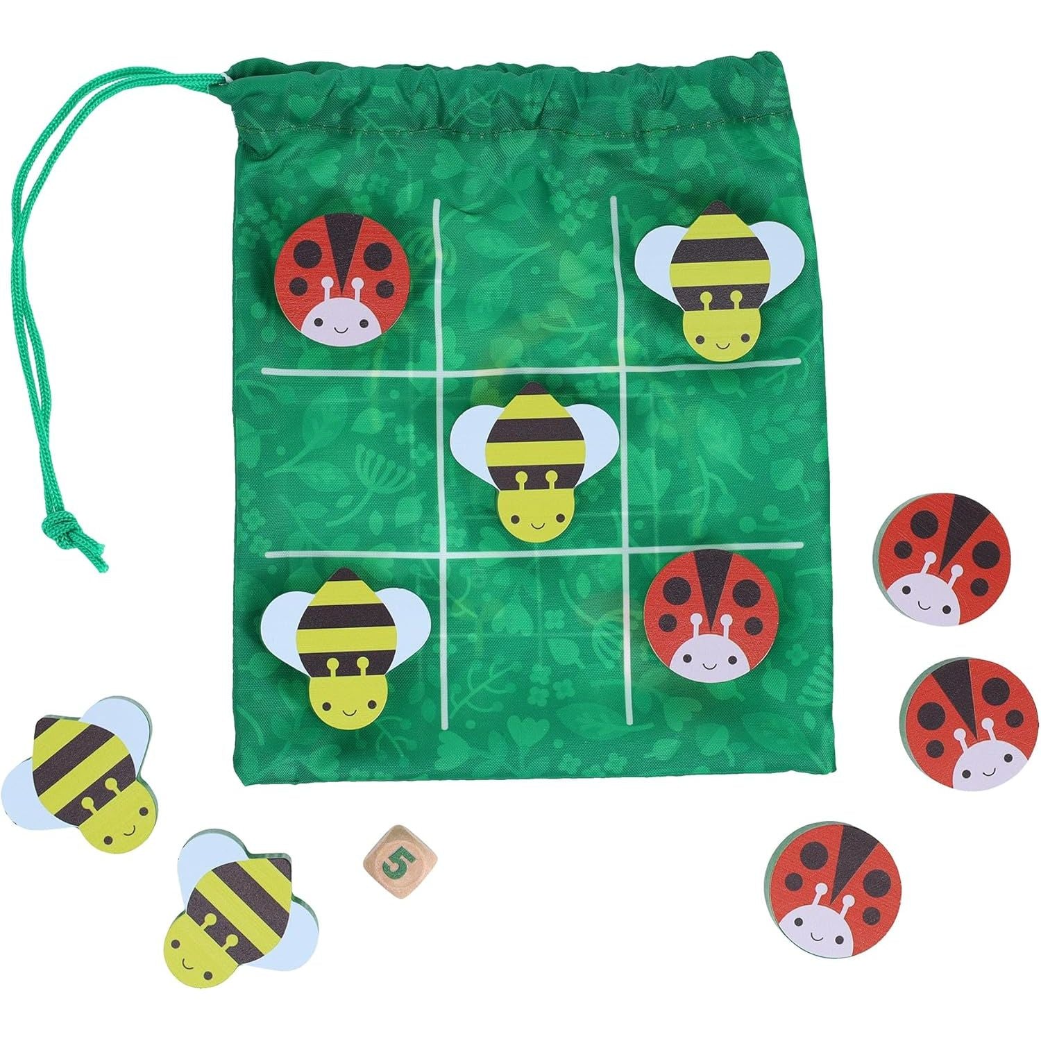 gra podróżna ogrodowi przyjaciele woreczek z zielonym tłem i żetonami biedronki oraz pszczoły do gry
