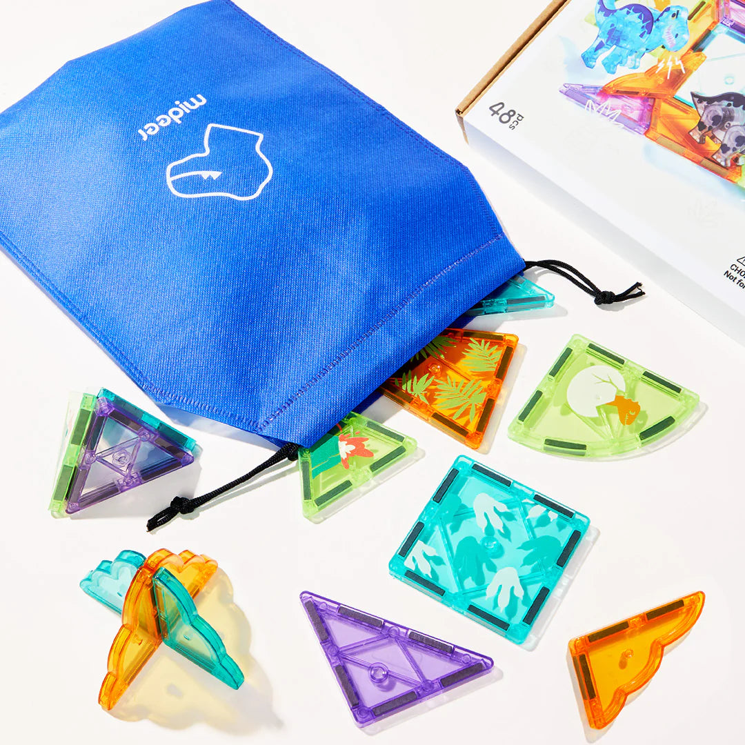 Zestaw klocków magnetycznych dinozaury Yamann w różnych kolorach z niebieskim woreczkiem do przechowywania