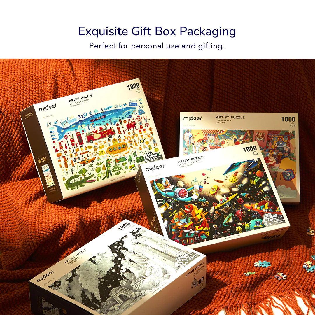 Puzzle artystyczne 1000 elementów od Mideer w różnych kolorowych wzorach na pomarańczowym kocu