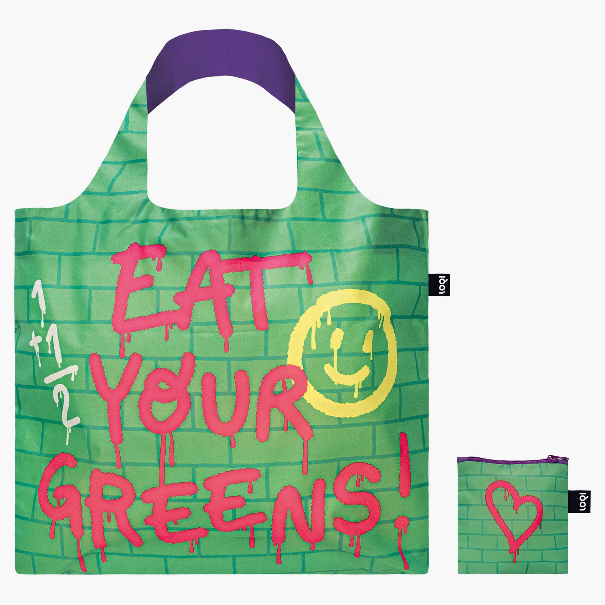 Zielona torba ekologiczna LOQI Brosmind z napisem Eat Your Greens w stylu graffiti