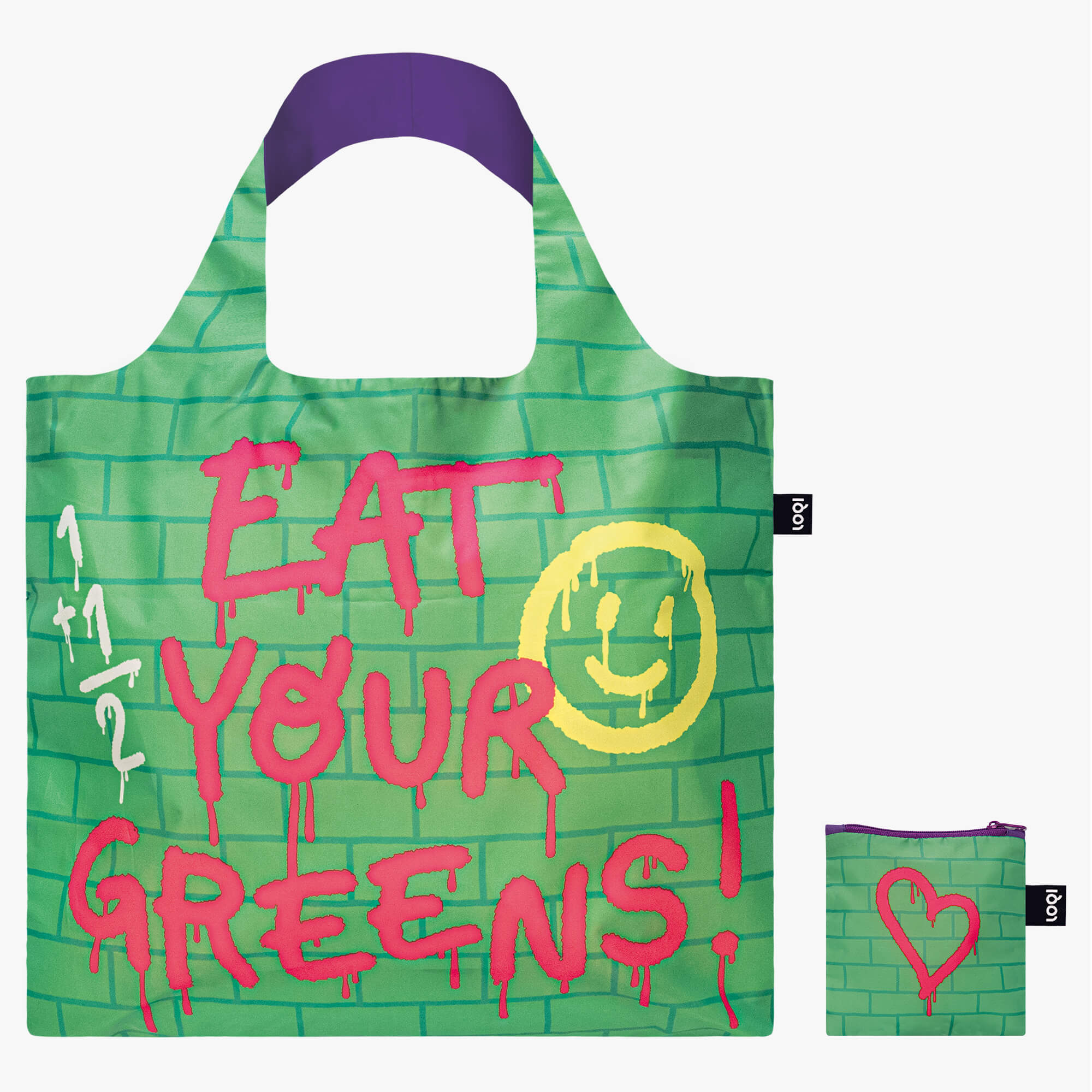 Zielona torba ekologiczna LOQI Brosmind z napisem Eat Your Greens w stylu graffiti