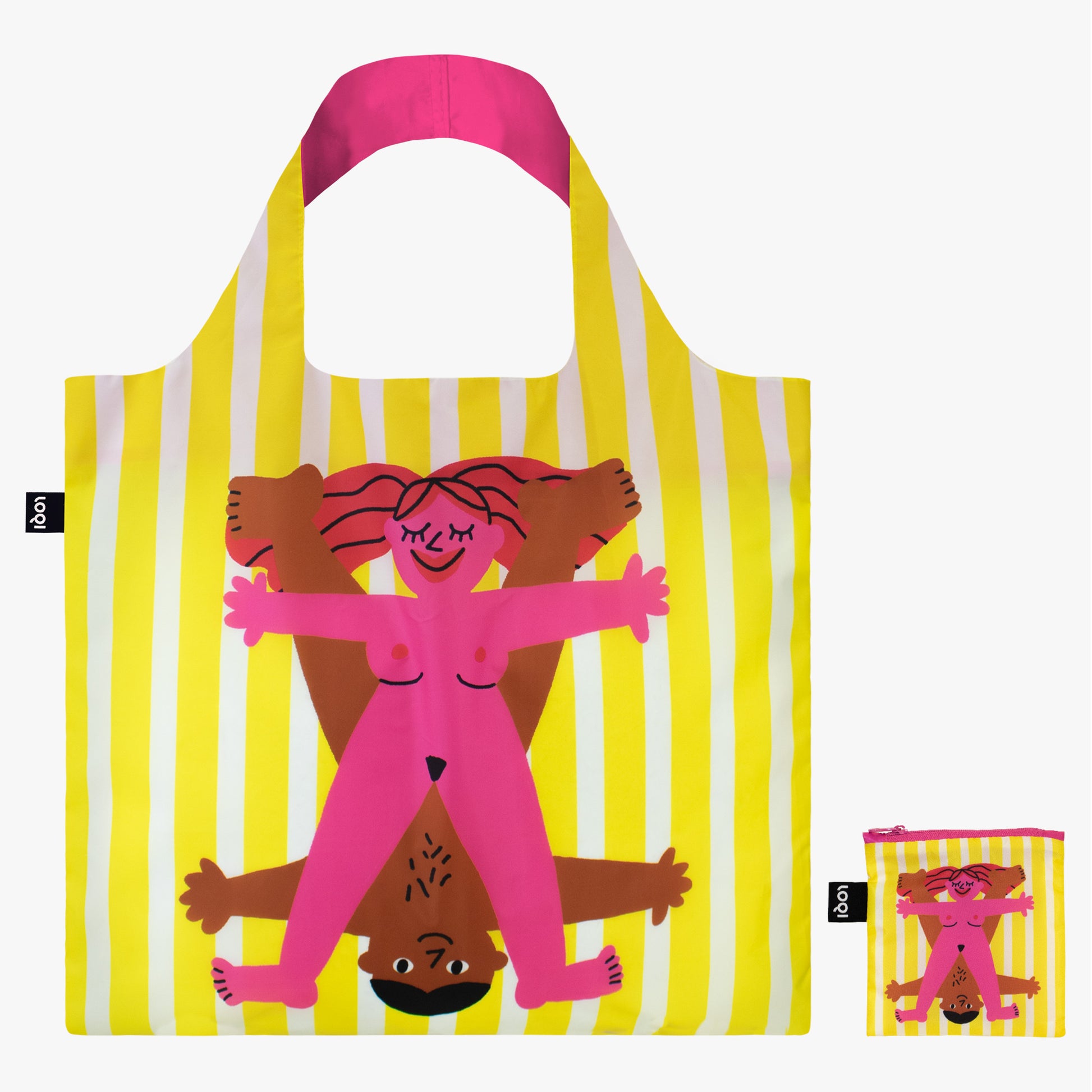 Kolorowa torba podręczna Star Couples od Yamann z żółto-białymi paskami i grafiką pary na przedzie