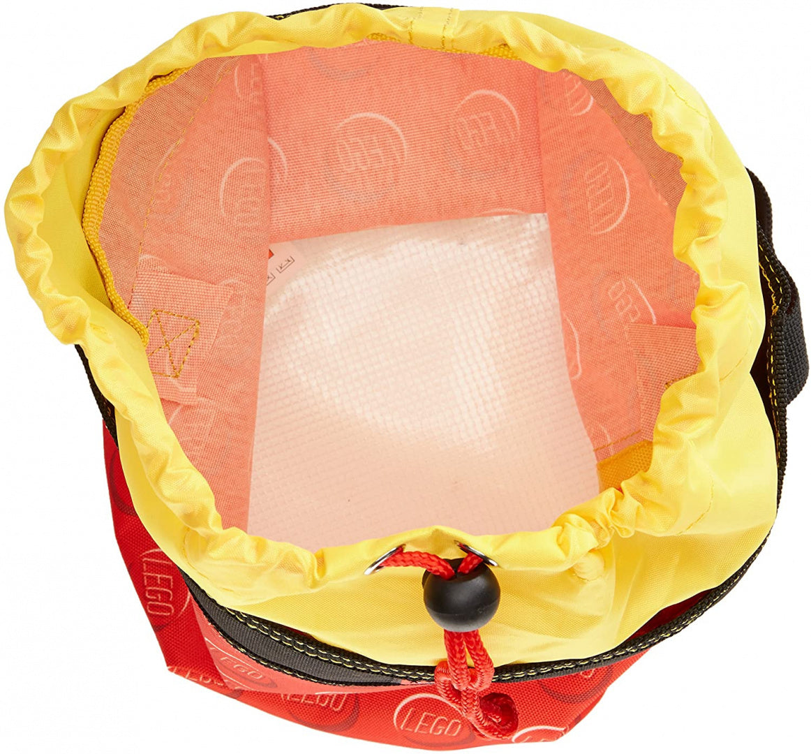 Otwarty worek do przechowywania klocków kubełek LEGO czerwony z żółtym ściągaczem BV JACOB COMPANY