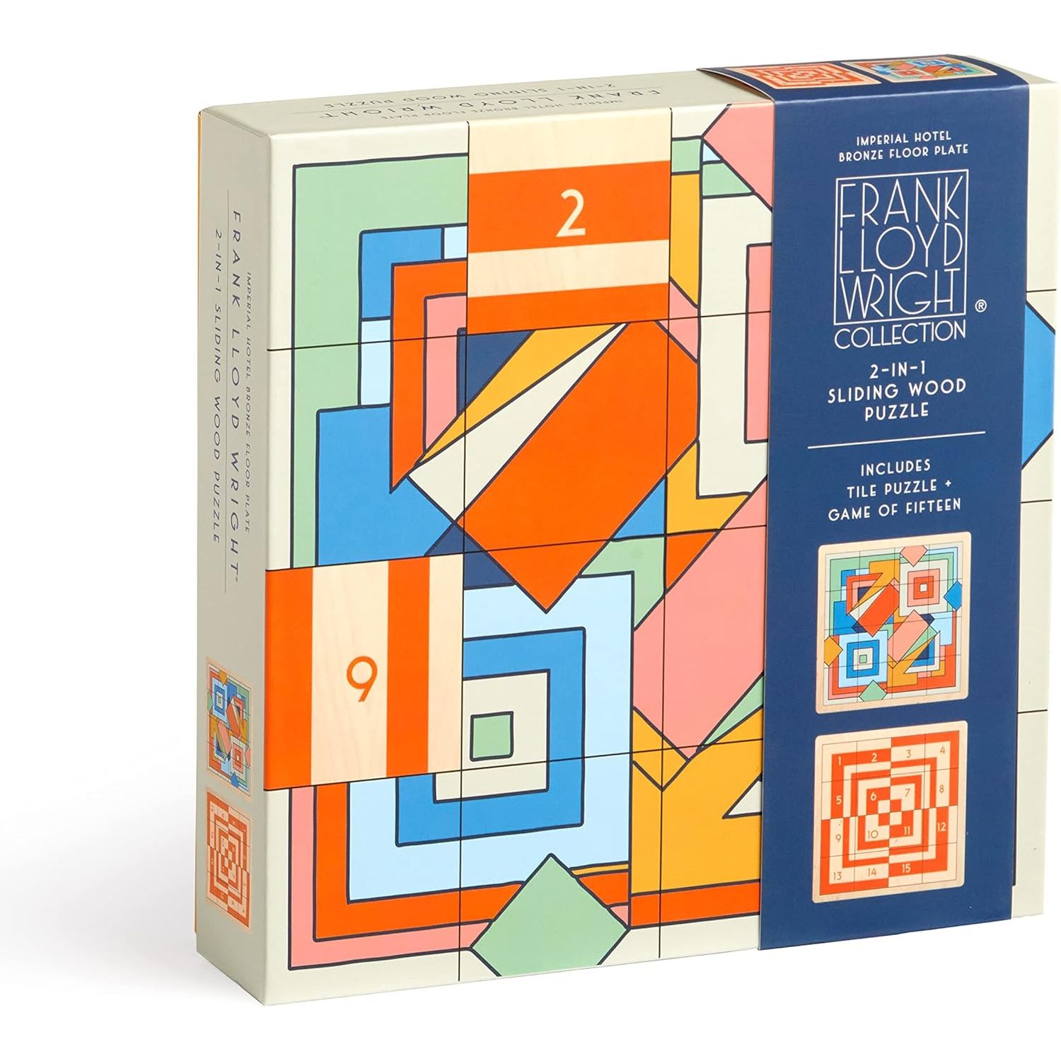 Puzzle drewniane Frank Lloyd Wright kolekcja 2-w-1 z geometrystycznym wzorem i kolorową układanką