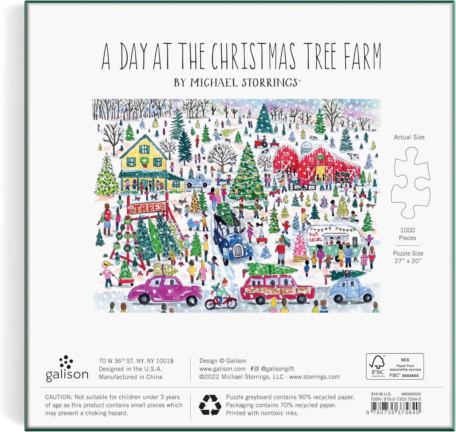 Puzzle świąteczne 1000 elementów A Day at the Christmas Tree Farm od Galison z zimowym miasteczkiem