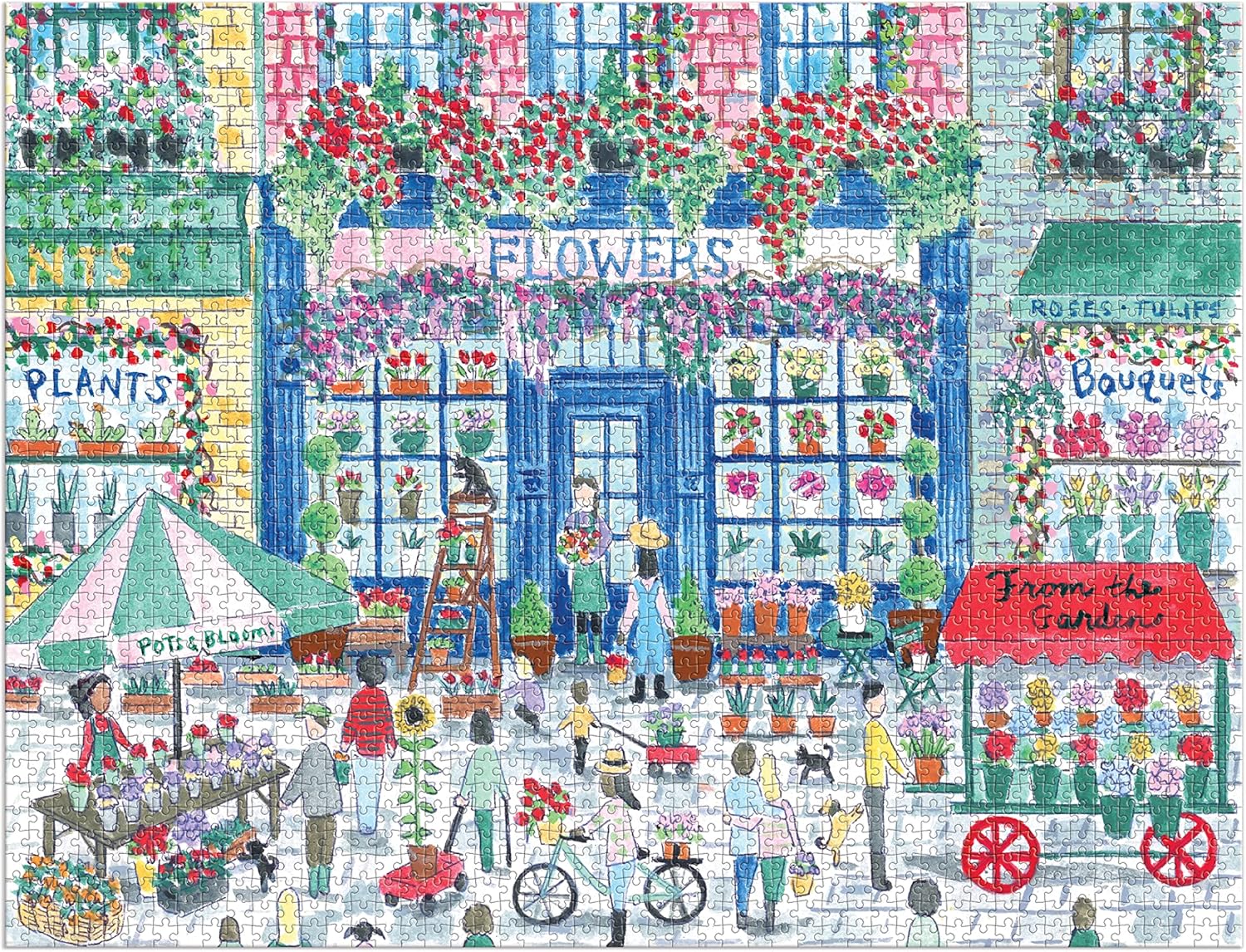 Puzzle 2000 elementów kwiatowy rynek z kolorowymi stoiskami i ludźmi kupującymi kwiaty