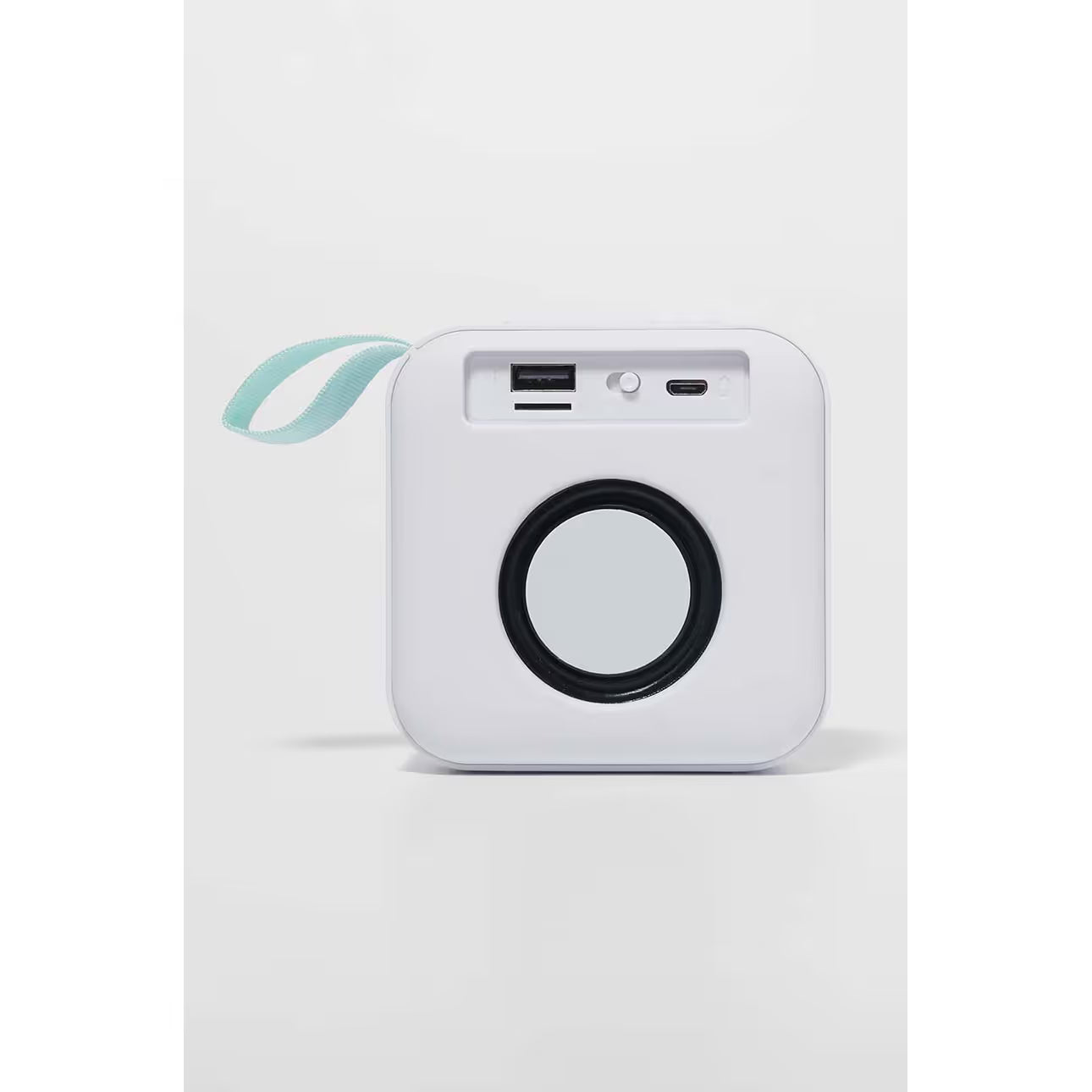 Przenośny głośnik bezprzewodowy Sunny Life w białym kolorze z niebieskim paskiem do przenoszenia