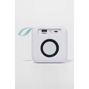 Przenośny głośnik bezprzewodowy Sunny Life w białym kolorze z niebieskim paskiem do przenoszenia