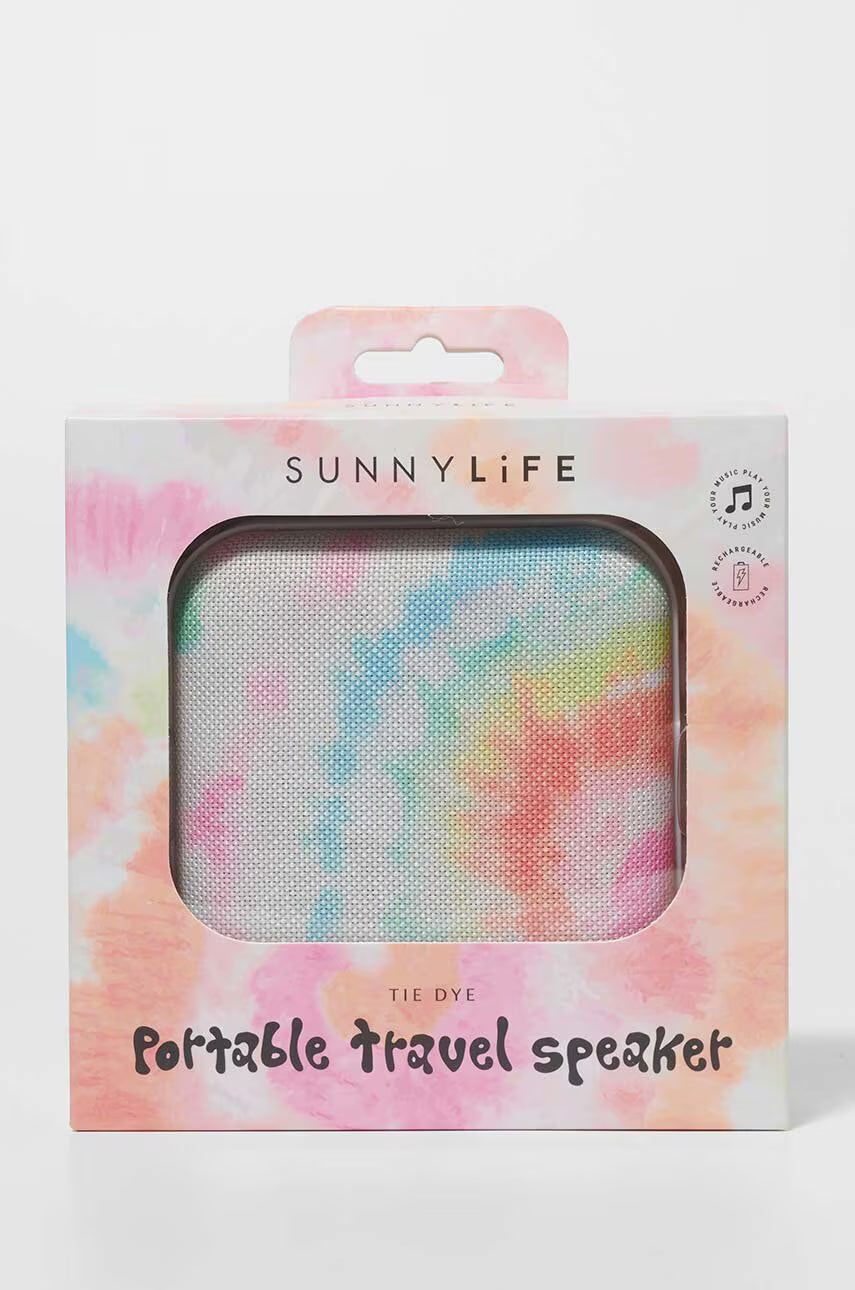 Przenośny głośnik bezprzewodowy Sunny Life w kolorowy wzór tie dye w opakowaniu