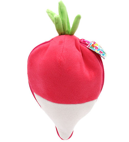 Maskotka flipetz świnka rzodkiewka w kształcie czerwono-białej rzodkiewki z zielonymi liśćmi