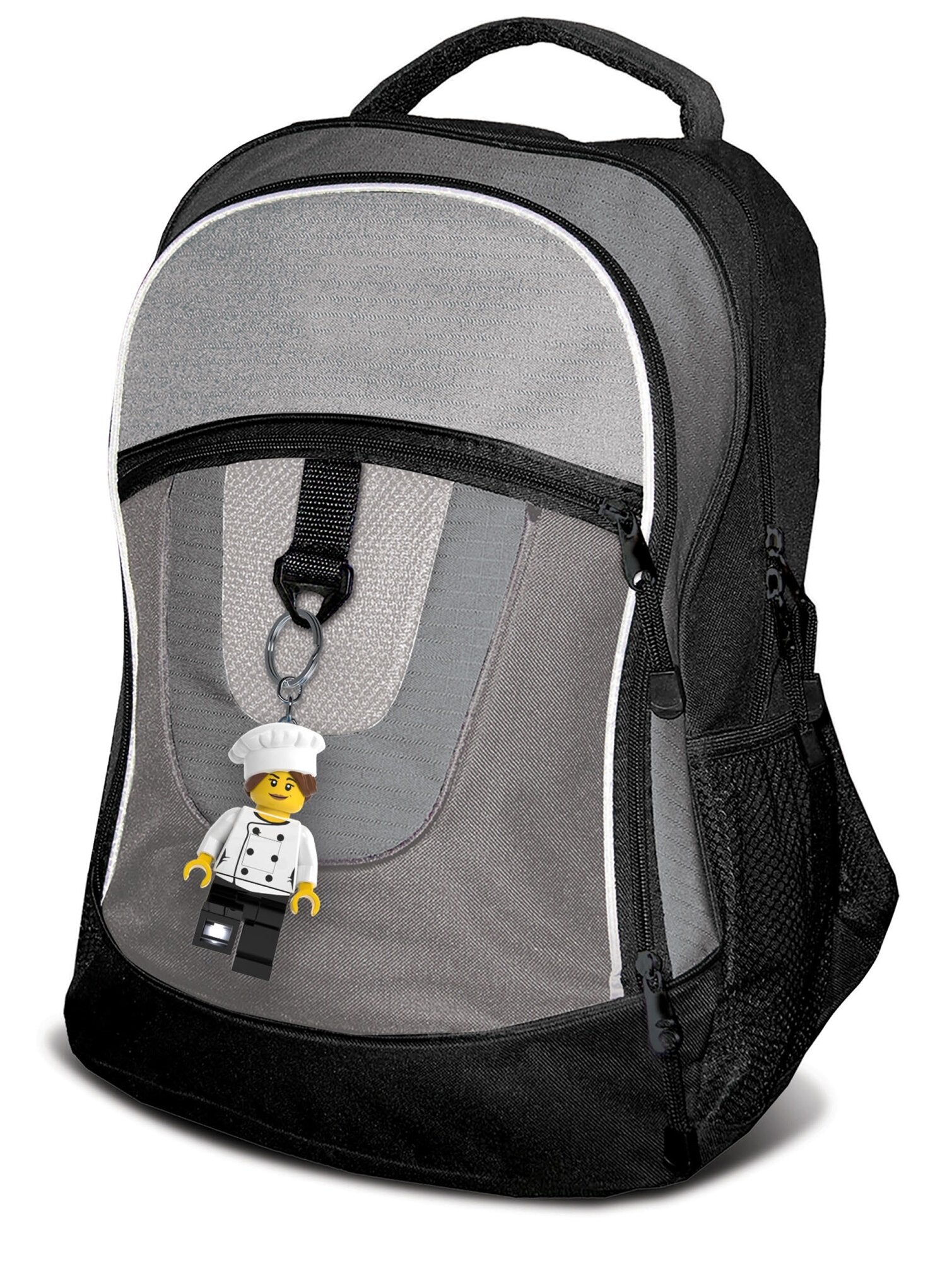 Plecak szaro-czarny z brelokiem z latarką LEGO kucharka mocowany na froncie