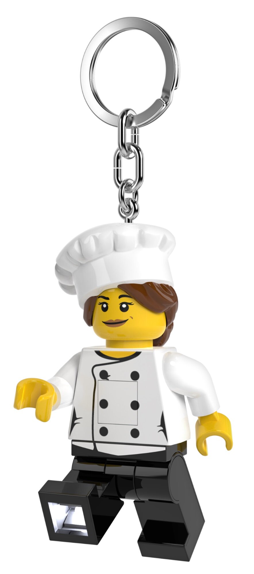 brelok z latarką LEGO kucharka w białym fartuchu i czapce kucharskiej na czarnych nogach