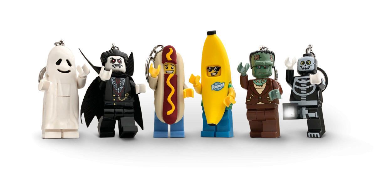 MOB brelok z latarką LEGO w kształcie różnych postaci takich jak duch, wampir, hot dog, banan, potwór i szkielet