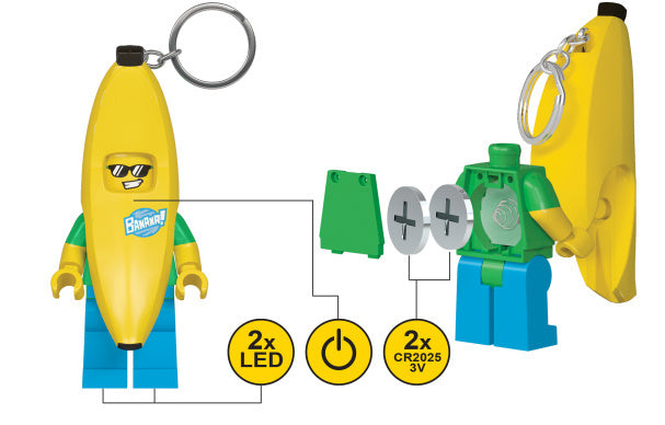 Brelok z latarką LEGO w kształcie banana z niebieskimi nogawkami i żółtą latarką LED