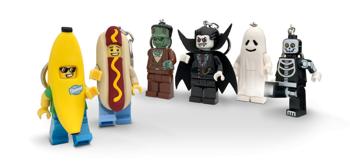 MOB brelok z latarką LEGO z postaciami banana, hot doga, potwora, wampira, ducha i szkieletem
