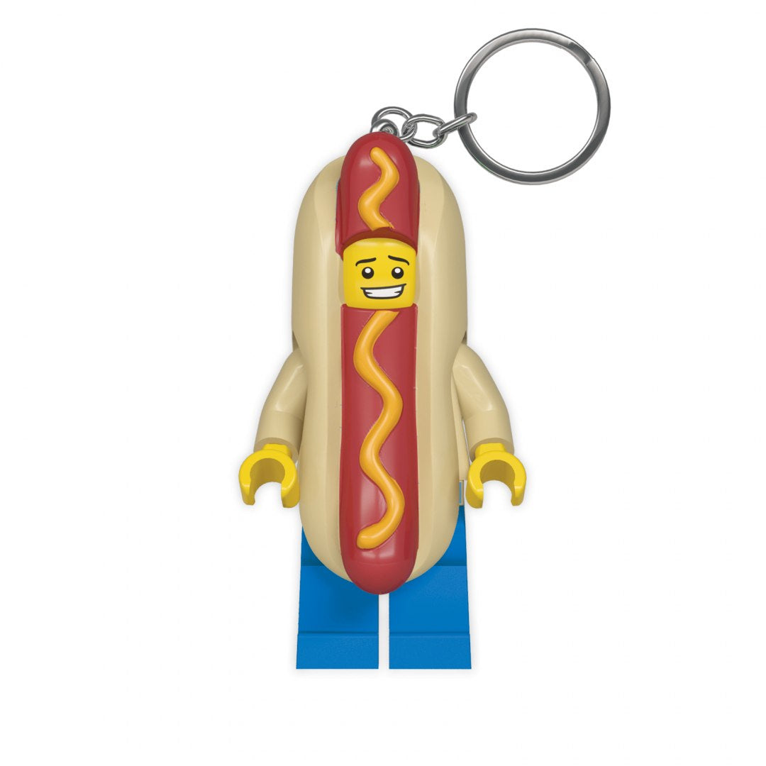 Brelok LEGO z latarką w kształcie figurki hot-doga z uśmiechniętą twarzą i kluczykiem MOB