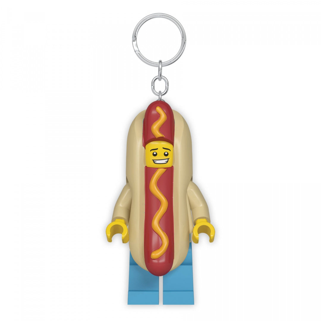 Brelok LEGO z latarką w kształcie figurki hot doga z uśmiechniętą minifigurką LEGO