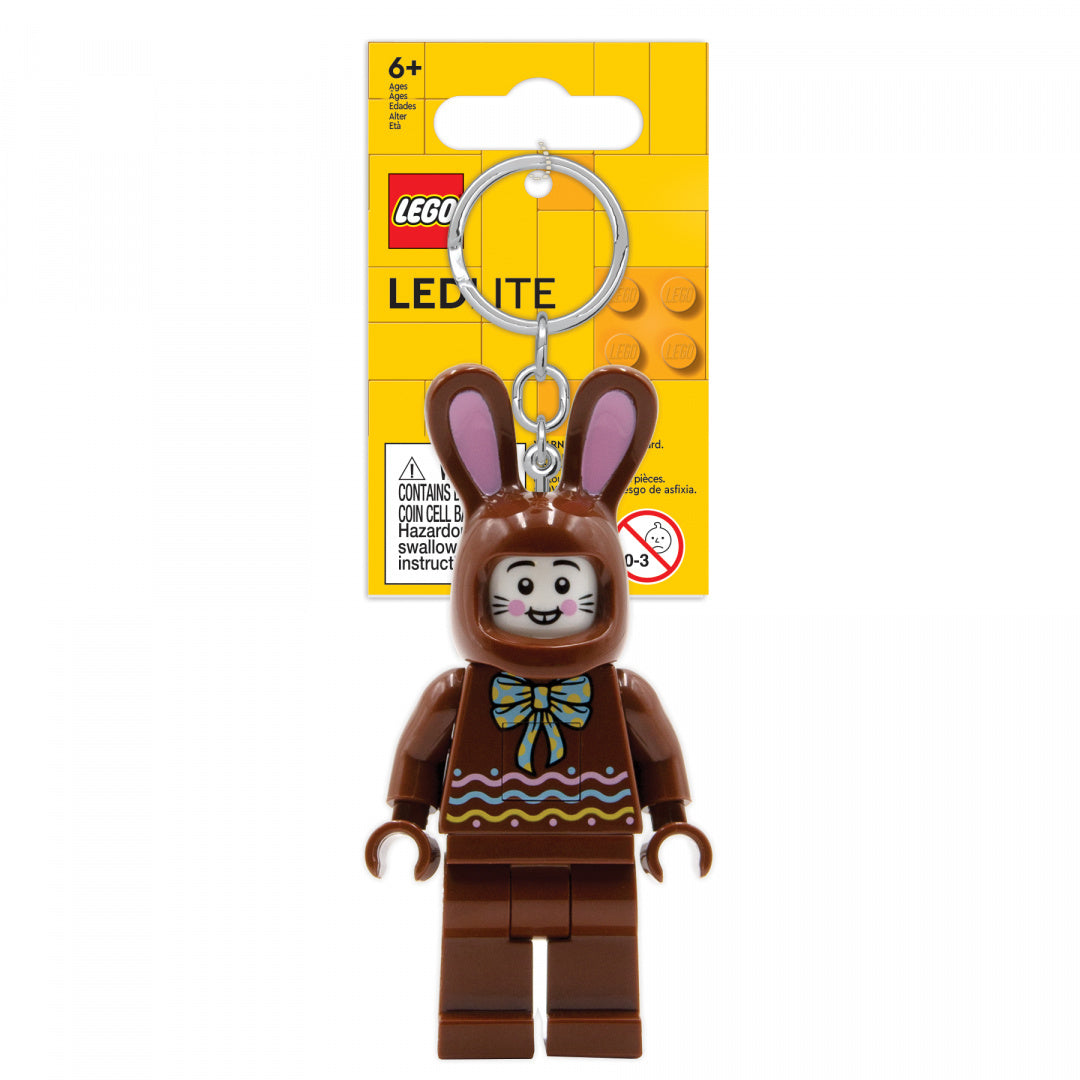 LEGO brelok LED z miniaturową figurką zając w brązowym kostiumie z błękitną kokardką