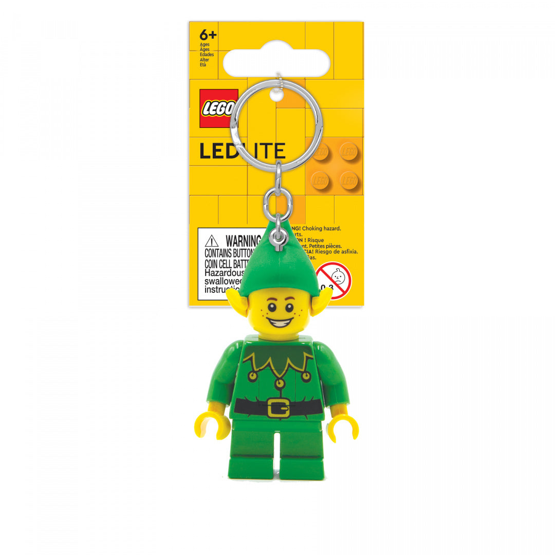 brelok z latarką LEGO Elf w zielonym stroju z uśmiechniętą twarzą i metalowym kółkiem