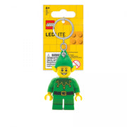 brelok z latarką LEGO Elf w zielonym stroju z uśmiechniętą twarzą i metalowym kółkiem
