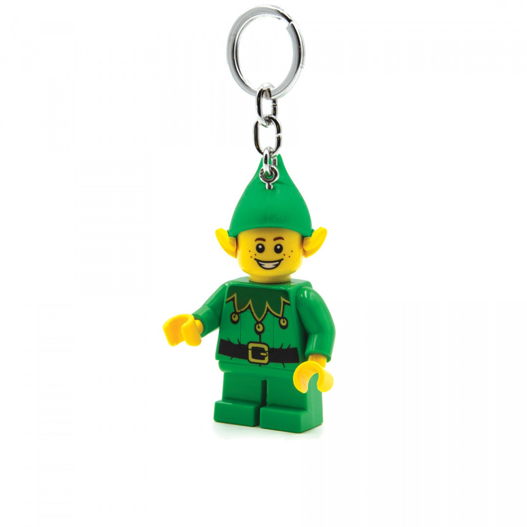MOB brelok z latarką LEGO Elf w zielonym stroju z uśmiechniętą twarzą i metalowym kółkiem