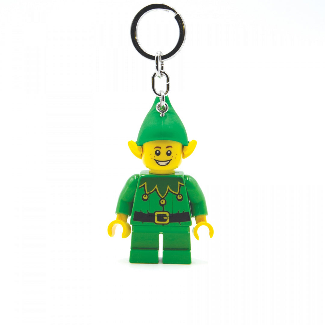 Brelok z latarką LEGO Elf w zielonym stroju z uśmiechniętą twarzą i czapką