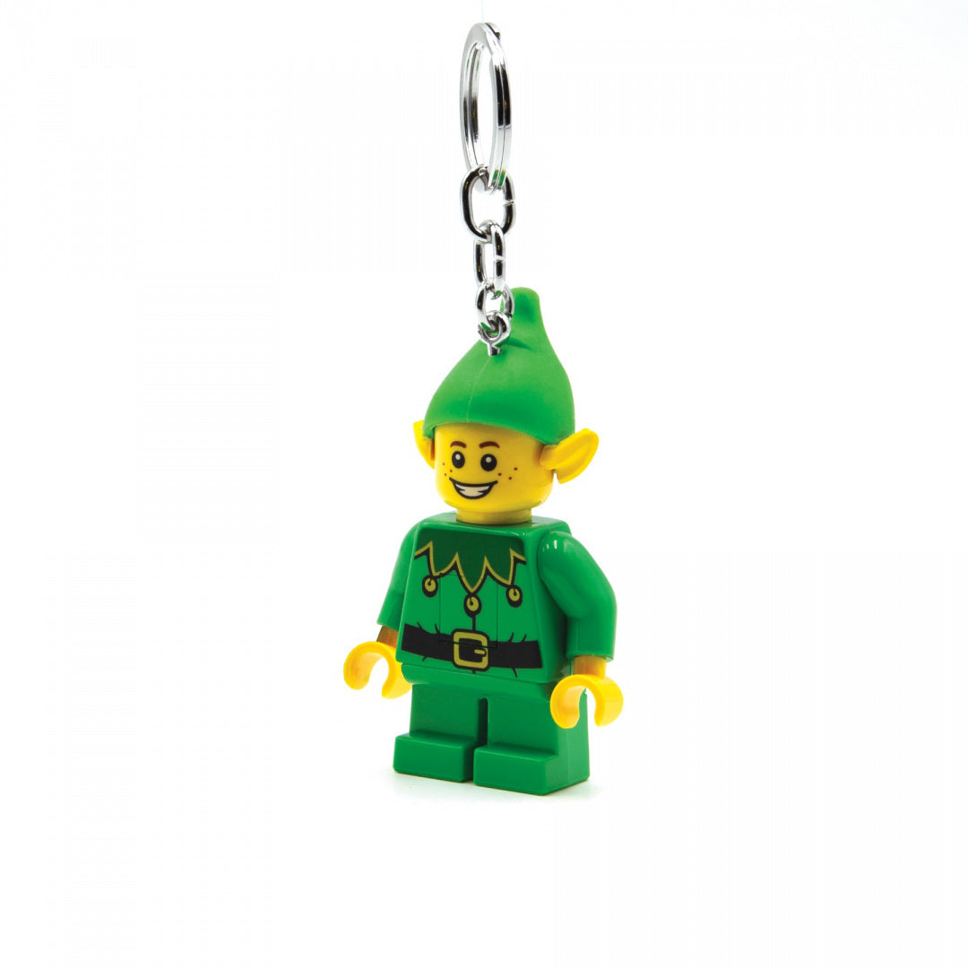 brelok z latarką LEGO Elf w zielonym stroju z uśmiechniętą twarzą i kółkiem do kluczy