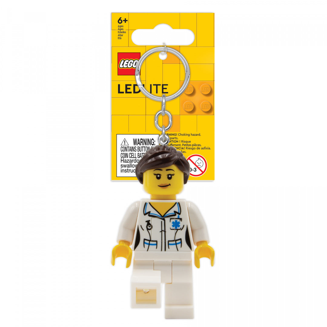 Brelok pielęgniarka LEGO z figurką pielęgniarki w białym uniformie i brelokiem do kluczy