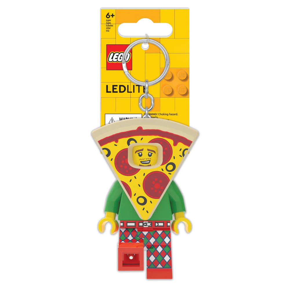 LEGO brelok LEGO z latarką przedstawiający figurkę ubraną jak pizza na opakowaniu MOB