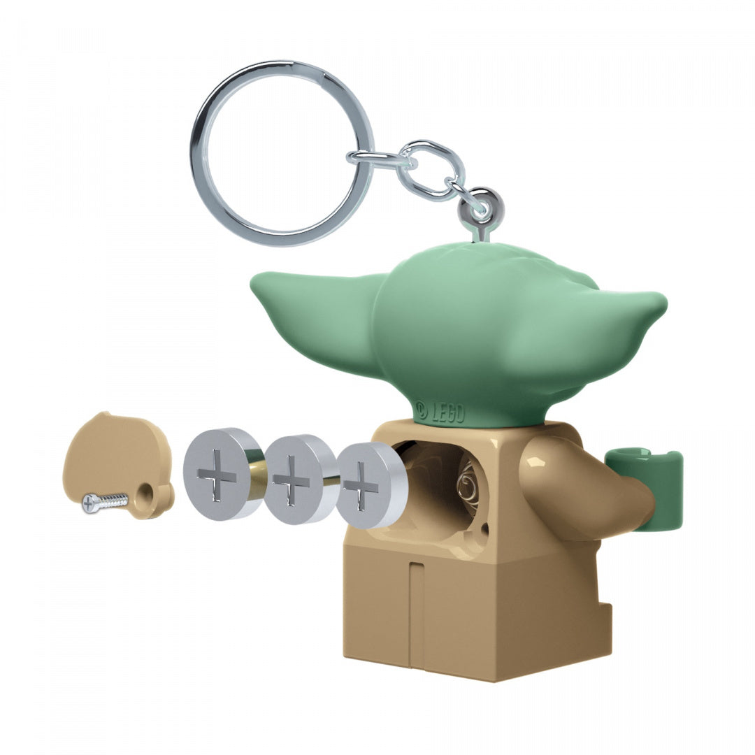 Brelok LEGO postać Baby Yoda z wymienną baterią i otwartym tyłem, zielona głowa i brązowy strój