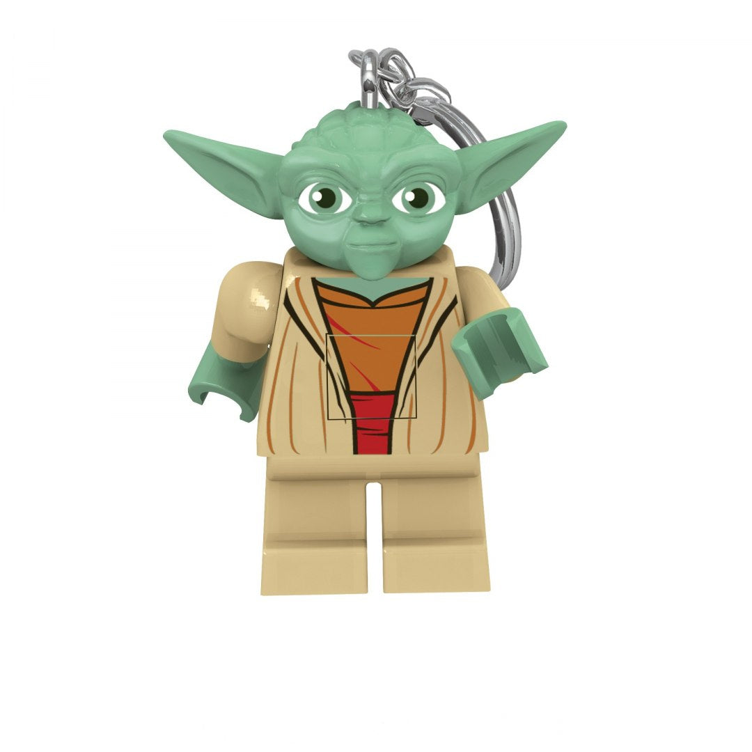 Brelok z latarką Yoda w formie figurki LEGO z zielonymi uszami i beżowym strojem