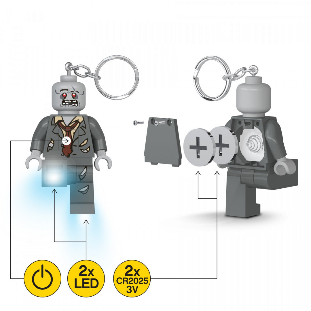 Brelok z latarką LEGO w kształcie figurki z zombie z dwoma diodami LED i bateriami CR2025