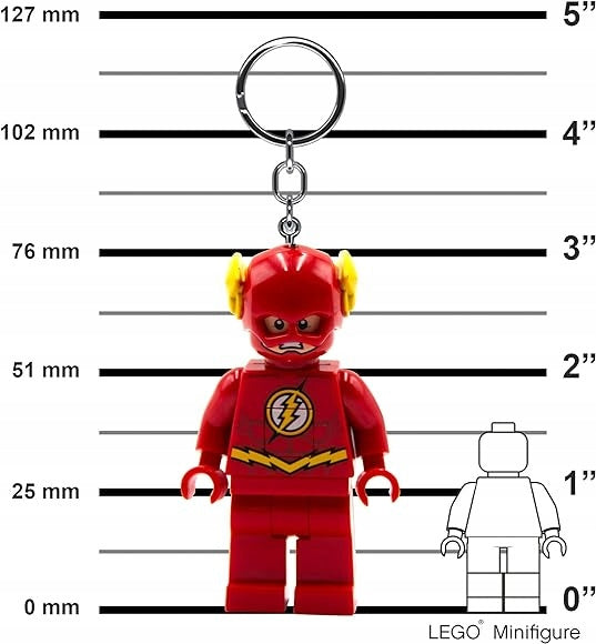 Brelok LEGO Flash z latarką przedstawiający czerwoną minifigurkę superbohatera z logo błyskawicy