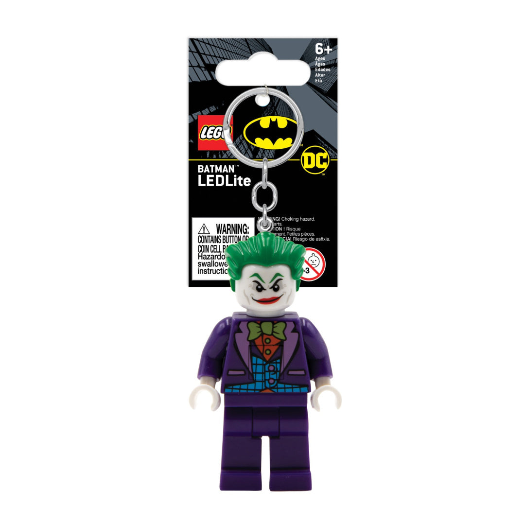 Brelok LEGO Joker z latarką przedstawiający postać Jokera z zielonymi włosami i fioletowym garniturem